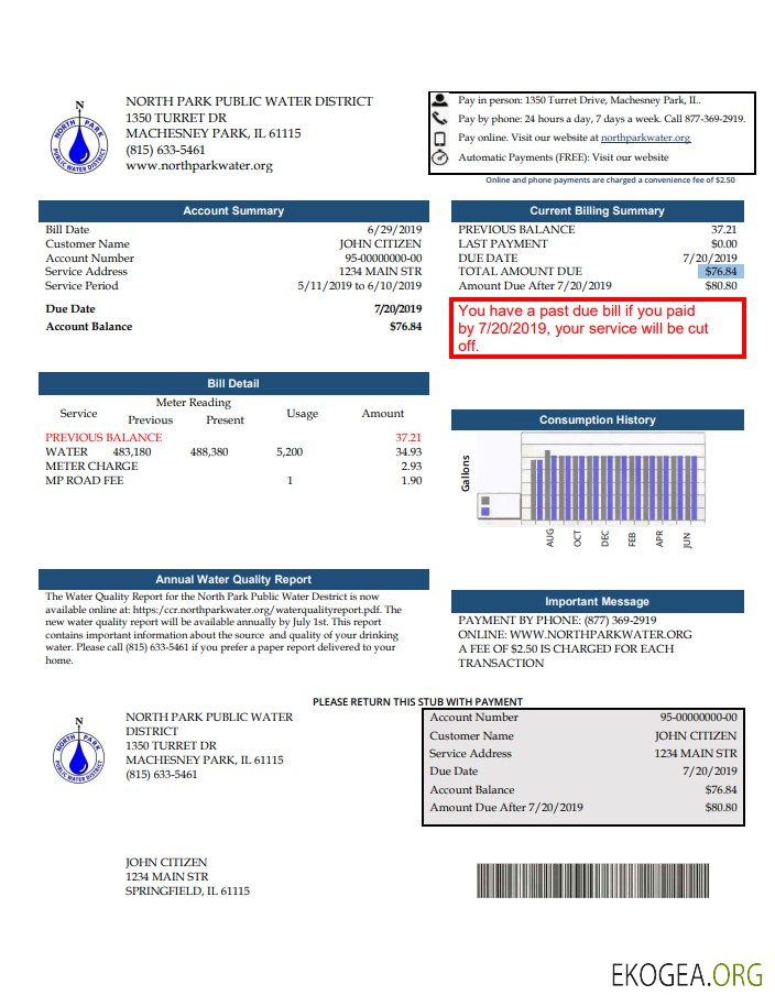 USA Illinois North Park Public Water District IL utility bill template in Word and PDF format